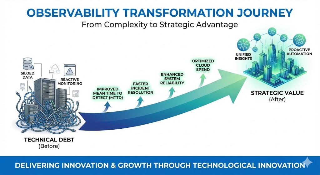Observability Transformation Journey - From Technical Debt (siloed data, reactive monitoring) through Improved MTTD, Faster Incident Resolution, Enhanced System Reliability, Optimized Cloud Spend, to Strategic Value with Unified Insights and Proactive Automation
